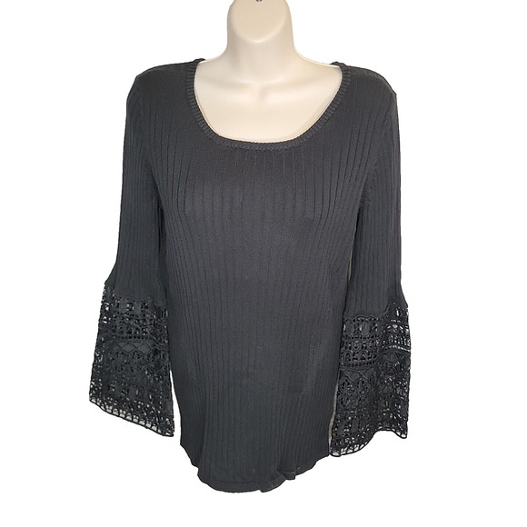 TRIBAL JEANS Black Crochet Embellished Sleeves Pullover Sweater Size G/L - Picture 1 of 11